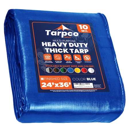 Tarpco Safety Heavy Duty Tarp, 36 ft L x 0.5 mm H x 24 ft W, 10 Mil, Blue, Polyethylene TS-155-24X36